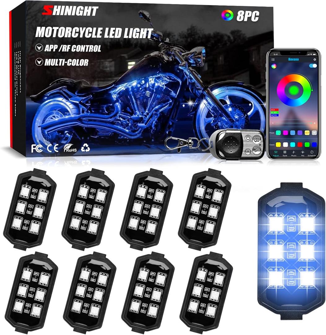SHINIGHT 8 Pcs Motorcycle LED Light Kits, App Control Multicolor Waterproof Motorcycle LED Strip Lights with RF Remote, Music Sync & Multiple Scene Modes RGB LED Lights for Motorcycles