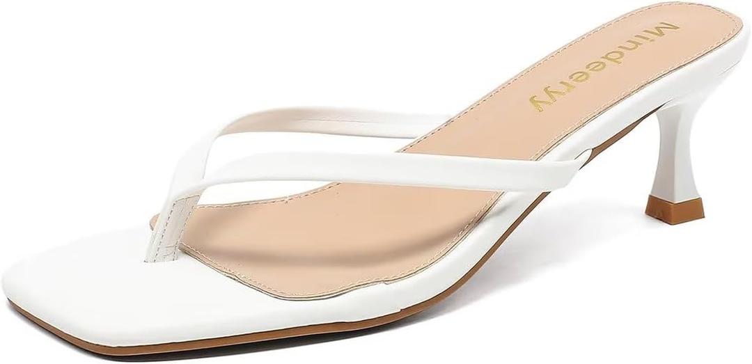 Thong Sandals Kitten Heels Square Toe Flip Flops Slip On Heels for Women Kitten Heel Sandals Low Heel 2.4 Inch for Casual (Size 8, White)