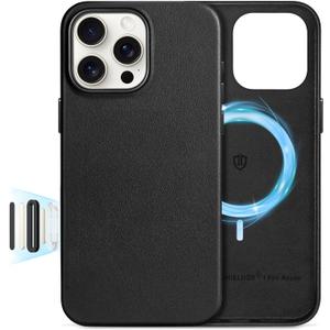 SHIELDON Genuine Leather Case for iPhone 16 Pro Max 6.9", [Camera Button Updated], Compatible with MagSafe, Magnetic Wireless Charging/Non-Slip/Shockproof/Metal Buttons/Camera Bump Frame Cover - Black