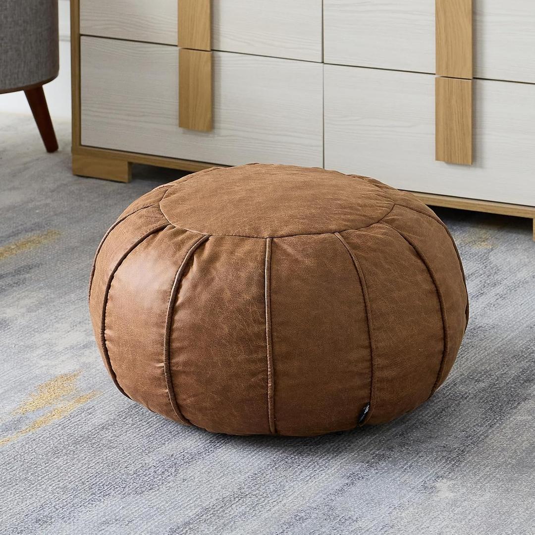 UNSTUFFED Ottoman Pouf Cover with Waterproof Handmade Faux Leather Home Decor Storage Solution for Kid Toy Footstool Pouffe Cover Replacement Balcony Indoor Chestnut Brown(ONLY Cover)