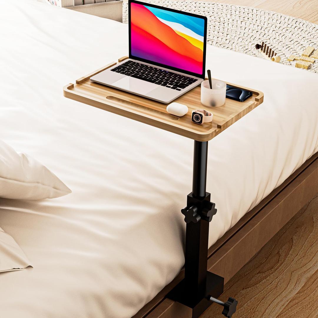 Bedside Shelf for Bed, Height-Adjustable Clip On Bedside Table, Overbed Table for Bed Frames and Sofas Widths 1" - 2.7", Nightstand Organizer Tray for Apartments, Bedrooms, Dorm Essentials