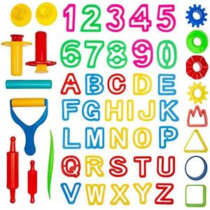 Kiddy Dough 45 Pieces Play Dough Tool Kit: Dough Accessories Set for Kids with Shapes, Numbers, Letters, Cutters, Dough Rollers, and Extruders