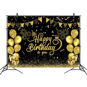 7x5ft Happy Birthday Backdrop Black and Gold Glitter Balloon Fireworks Sign Birthday Photo Backdrop Background for Birthday Party Decoration Supplies Banner Photoshoot Photography Background
