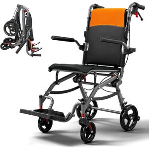 19lbs Transport Wheelchair Lightweight Foldable, Wheelchairs for Adults with Adjustable Height, Narrow Transport Chair for Seniors, Portable Folding Small Travel Transfer Wheel Chair (Orange)