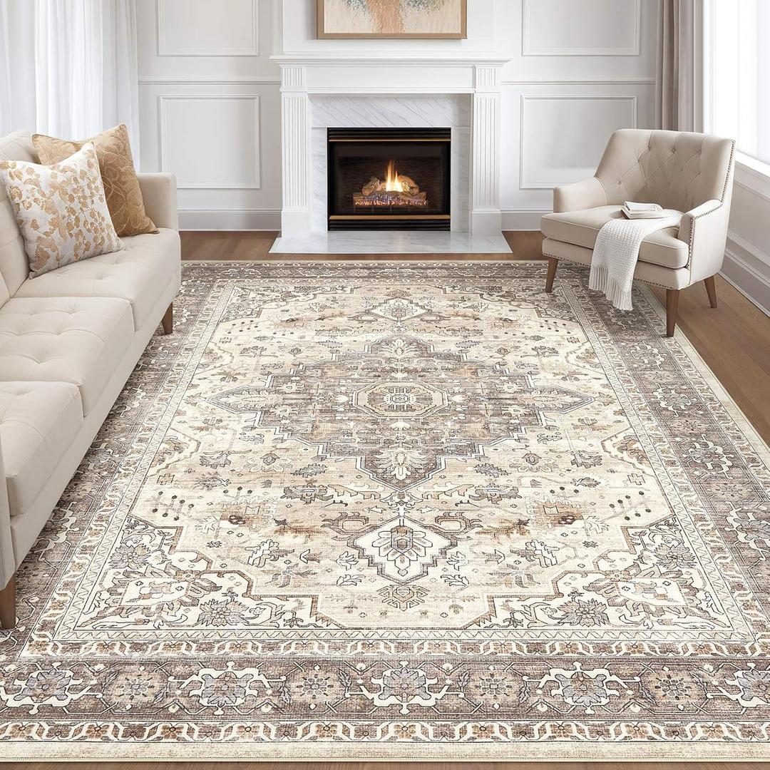 9'x12' Area Rug Living Room: Washable Boho Large Neutral Vintage Soft Rugs Stain Resistant Farmhouse Non Slip Indoor Floor Carpet for Bedroom Nursery Kids Playroom Office Dining Room Home Decor- Brown