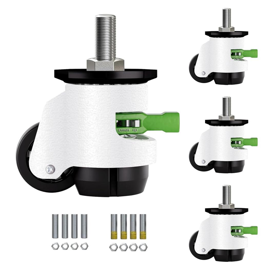 Heavy Duty Caster Wheels Set of 4, Leveling Stem Casters with Retractable Wheels 2200 Lbs Total Capacity, 1/2" & M12 Stem Sizes Adjustable with Ratchet Handle for Workbench, Machinery & Equipment