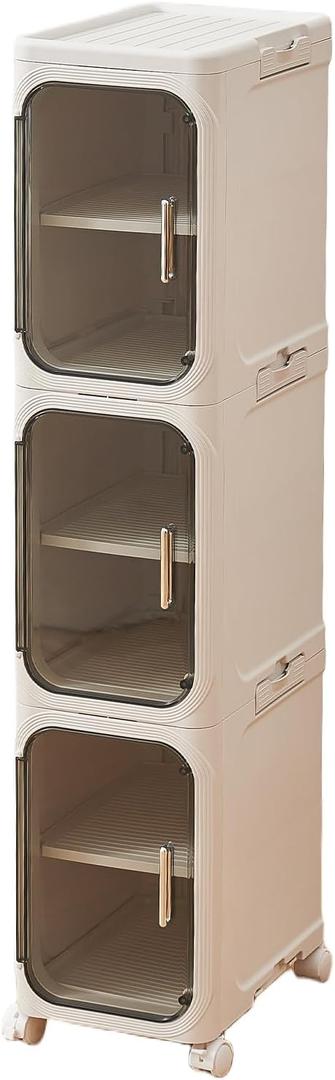 3-Tier Narrow Storage Cabinet with Magnetic Doors and Shelves, Plastic Slim Bathroom Organizers and Storage with Wheels for Small Spaces Bathroom, Kitchen, Laundry Room, White