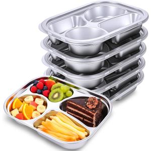 6 Pack Large Stainless Steel Snack Containers with Lids, 4 Compartments Metal Bento Snack Boxes, Reusable Meal Prep Lunch Containers Food Storage Container for Home Travel