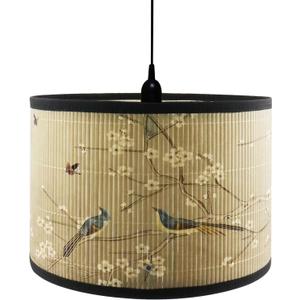 Crapyt E27 Round Removable Lamp Shades, 11.8"  11.8"  7.87" Wood Lampshade with Plant and Bird Print, Ink-wash Painting Pattern for Table/Floor/Ceiling/Wall LampPattern 1