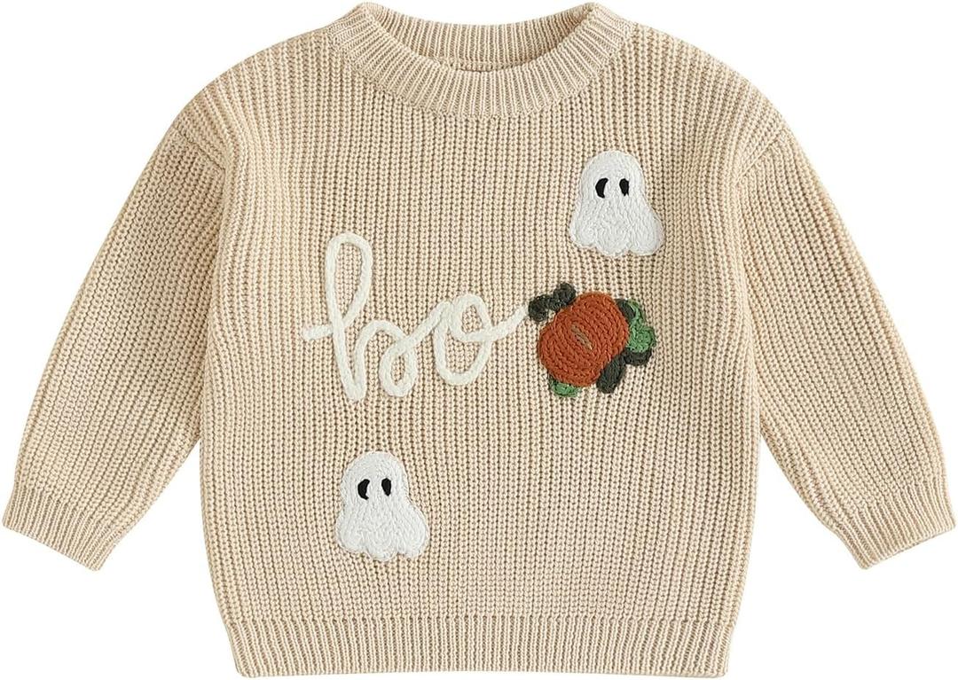 FOMOYUU Baby Girl Boy Knit Sweater Halloween Outfit Embroidery Warm Crewneck Long Sleeve Tops Fall Winter Clothes (3-6 Months, Khaki)