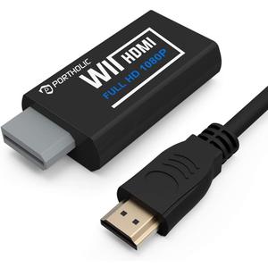 PORTHOLIC Wii to HDMI Converter 1080P for Full HD Device, Wii HDMI Adapter with 3.5mm Audio Jack&HDMI Output Compatible with Wii, Wii U, HDTV, Monitor-Supports Wii Display Modes 720P (Black)
