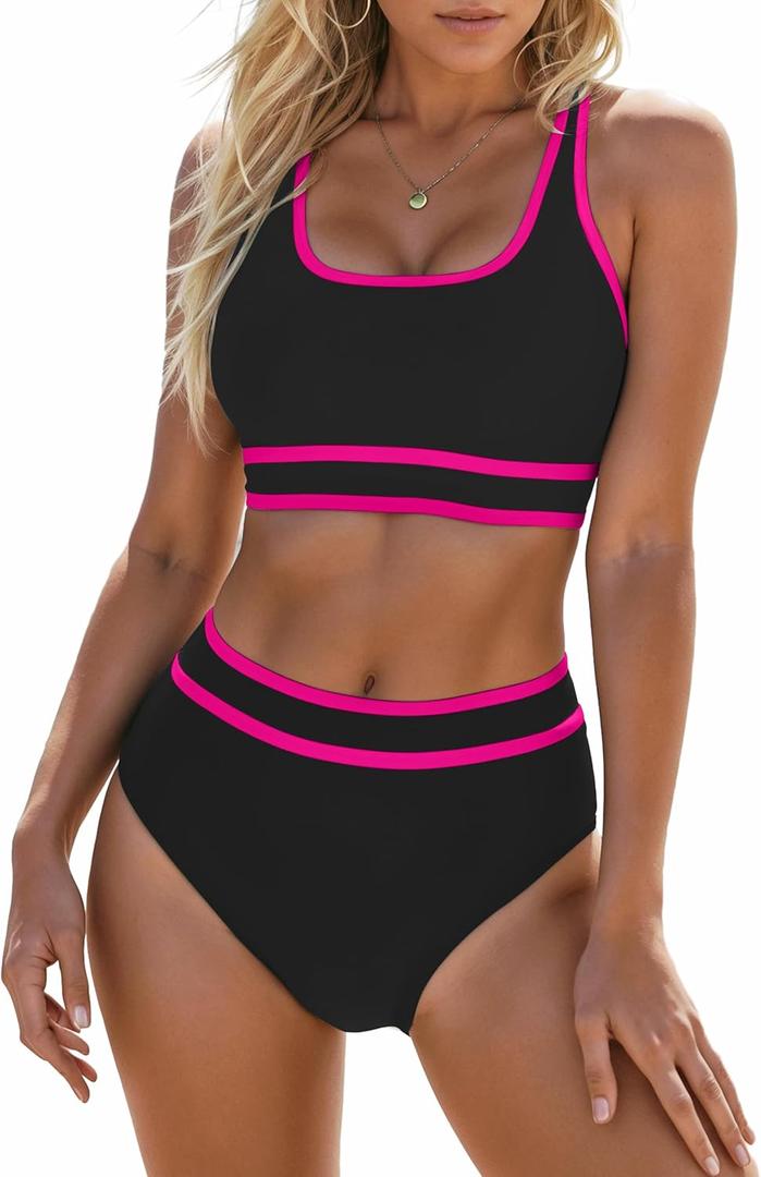 Blooming Jelly Womens High Waist Bikini Sets Sporty Color Block Two Piece Swimsuits Scoop Neck Cheeky Bathing Suits (Medium, Black Pink)