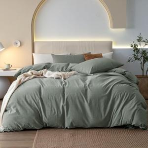 JIYUAN Queen Size Duvet Cover Set, 3-Piece - 100% Washed Cotton, Linen-Like Soft & Breathable with Zipper Closure, Includes 90x90 Inch Cover & 2 Pillowcases, Heathered Green
