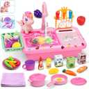 deAO Play Kitchen Sink Toys,Kids Electric Dishwasher Play Sink with Running Water, Play Kitchen Accessories,Real Faucet for Water Play, Pretend Play for Toddlers 3+,Pink