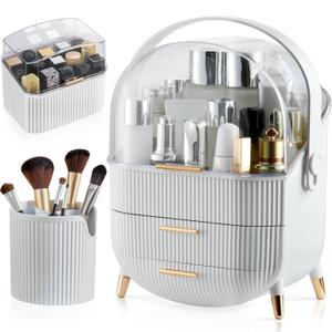 CANITORON Makeup Organizer, Skincare Organizer with 2 Drawers and Brush Storage Box, Cosmetic Display Case for Vanity Organizer and Bathroom Countertop Storage (White)