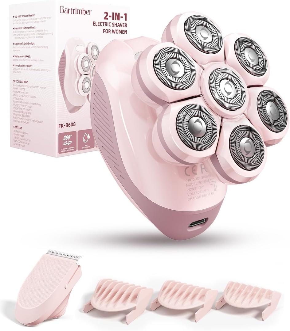 7D Electric Razors for Women: 2-in-1 Electric Shaver Trimmer for Ladies Flawless Legs & Full Body & Bikini - Waterproof Wet Dry Shaver w/LED Light & Travel Cap - Birthday Gifts for Wife Her (Pink)