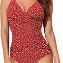 Smismivo Tummy Control Swimsuits for Women Slimming One Piece Bathing Suit Retro Ruched Push Up Vintage Padded Swimwear Large, Red Dot