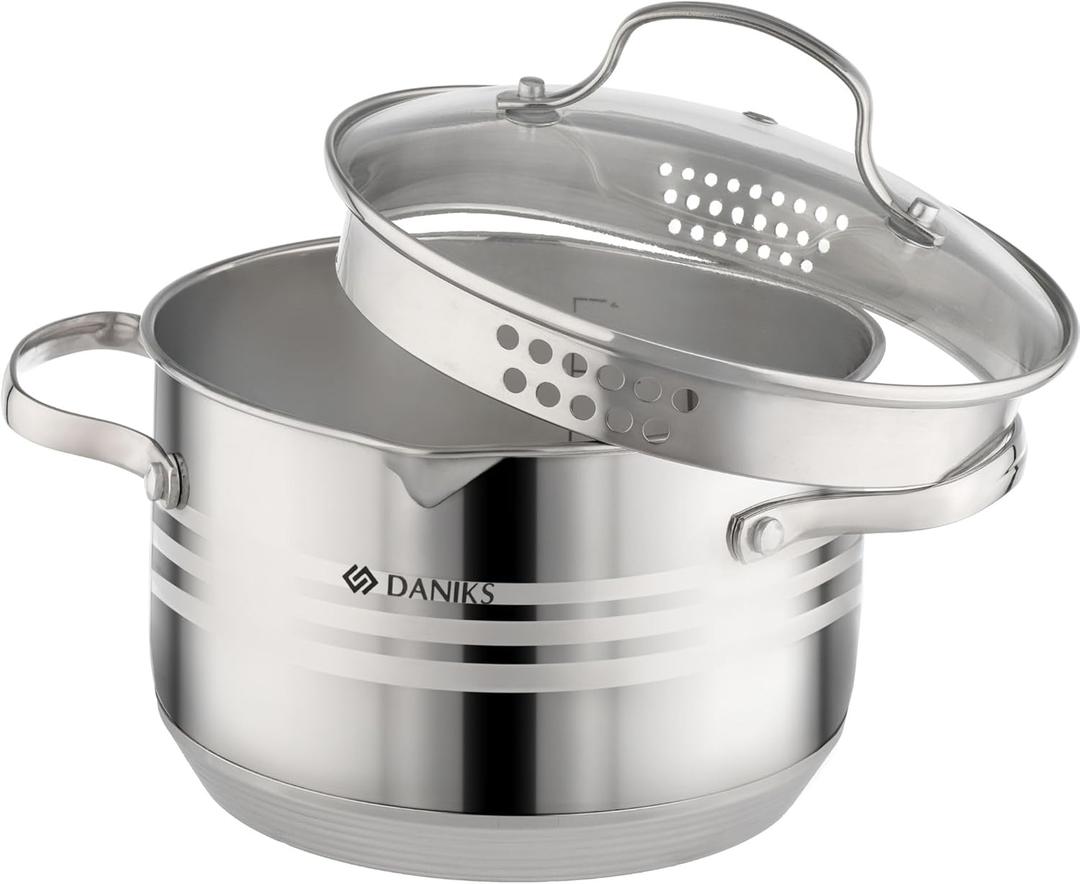 Daniks Tokio Stainless Steel Stock Pot with Glass Strainer Lid  Induction 3 Quart, Dishwasher Safe, Measuring Scale, For Soup, Pasta, Stew, Silver