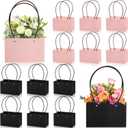DEAYOU 12 Pack Kraft Paper Flower Gift Bags, Bouquet Bag Box with Handle, Small Paper Carrier Tote Bags with Waterproof Lining for Floral Arrangement, Party Favor, Packaging, Ultra Thick, Black, Pink