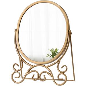 Vintage Gold Standing Mirror 10 X 15 Inch, Metal Framed Oval Table Mirror, Antique Makeup Mirror with Stand for Desk, Vanity Mirrors Tabletop for Living Room Bathroom Bedroom Shelf