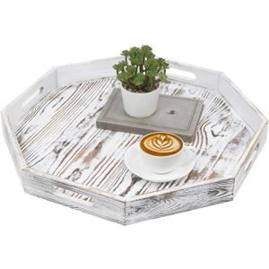 MyGift 20 Inch Shabby White Washed Solid Wood Decorative Octagon Shaped Tray, Wooden Octagonal Serving Platter with 4 Cutout Handles, Table Centerpiece Home Decor