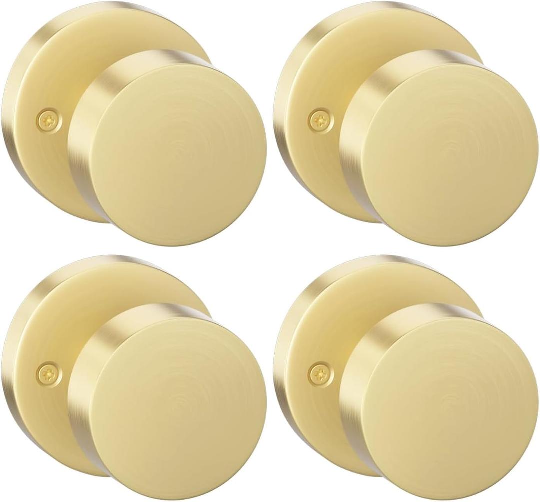 goldenwarm 4 Pcs Gold Dummy Door Knobs, Heavy Duty Zinc-Alloy Brushed Gold No-Turning Interior Door Knobs, Brushed Brass Indoor Doorknobs for Hallway, Inactive Half Dummy Door Knob