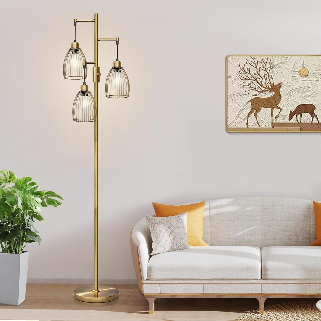 Dimmable Floor Lamp, 3 x 800LM LED Edison Bulbs Included, Farmhouse Industrial Floor Lamp Standing Tree Lamp with Elegant Teardrop Cage Tall Lamps for Living Room Bedroom Office Dining Room-Brass (Brass-70 Inches)
