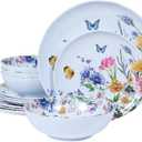 12 Piece Melamine Dinnerware Sets - Plates And Bowls Sets Floral Dinnerware Sets- Spring Camping Dishes Indoor Outdoor Use, Flowers And Butterflies Pattern
