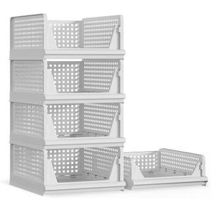 Proarea 5 Pack Stackable Plastic Storage Basket Closet Organizer Bin Foldable Clothes Organizer Storage Drawer Shelf Container for Living room Bathroom Kitchen Office (4L+1S) (White)