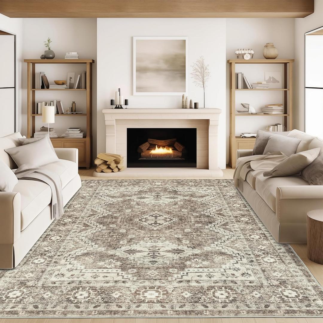 Rugland 8x10 Area Rugs - Stain Resistant Washable Rug, Anti Slip Backing Rugs for Living Room, Vintage Tribal Area Rugs (TPR07-Ivory, 8'x10')