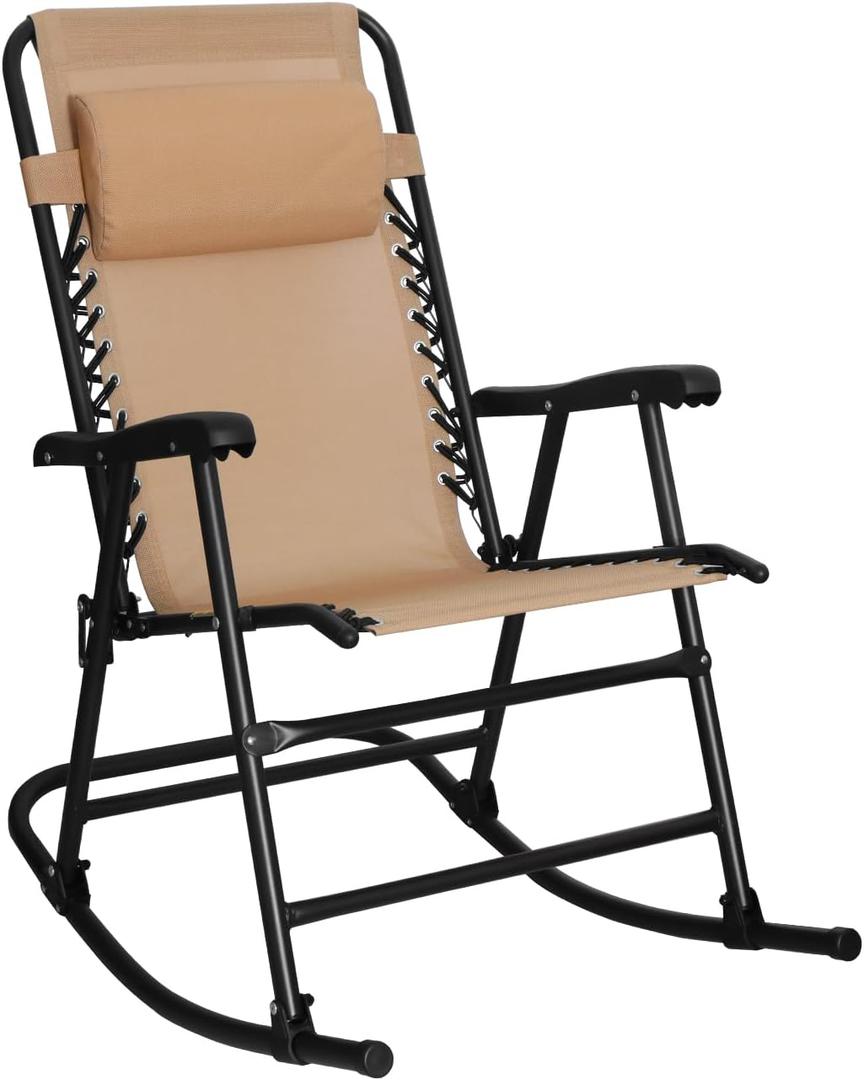 Amazon Basics Outdoor Patio Zero Gravity Folding Reclining Lounge Rocking Chair with Pillow, Afforable Folding Chairs for Outside, Beige (Beige)