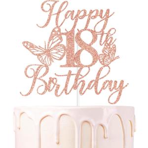 Rose Gold Glitter Happy 18th Birthday Cake Topper, Cheers to 18 Years/Time to Adult, Butterfly Themed 18th Birthday Party Decorations Supplie for Girls