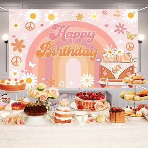 Groovy Birthday Banner for Retro Hippie Birthday Party Decorations Girls Daisy Flower Boho Rainbow Theme Photoshoot Backdrops 70.8 x 43.3 Inch