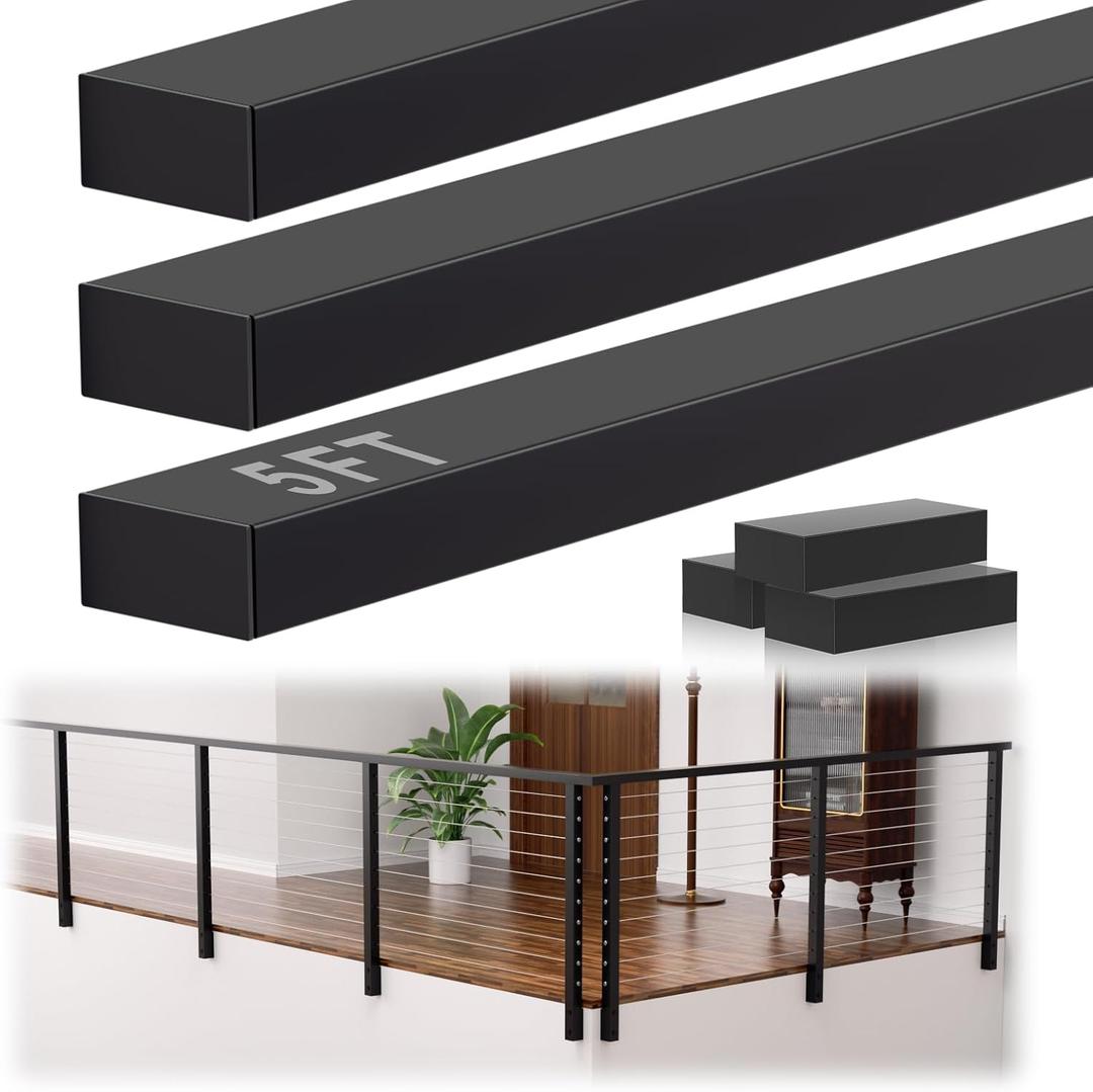 5FT Black Stainless Steel Cable Railing Handrail, 3 Pack Rectangular Handrail for Indoor Outdoor Deck Stair, Easy DIY Cut to Fit, Deck Railing Flat Top Rail with Metal End Cap