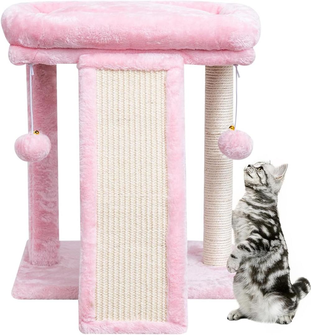 SYANDLVY Small Cat Tree with Scratching Board, Cat Scratching Post for Adults, Cat Scratcher for Indoor Cats, 2 Dangling Balls Great for Kittens (Pink)