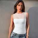 OQQ Women 2 Piece Bodysuit Mesh Ruched Sleeveless Turtle Neck Shapewear Body Suits One Piece Leotard Shirt Going Out Tops Small