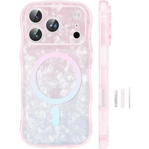 GVIEWIN Magnetic for iPhone 17 Pro Case, [Full Camera Protection] [Compatible with MagSafe] Curly Wavy Frame Gradient Sparkly Glitter Women Girls Phone Cover for 17 Pro 6.3", Pink Blue