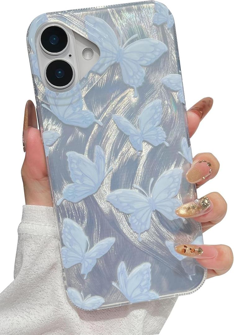 Compatible with iPhone 16 Case6.1" with Butterfly Design, Cute Slim Soft TPU + Hard PC Shockproof Protective Phone Case for Women Girls Aesthetic Glitter - Blue