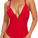 SHAPERIN Women's One Piece Swimsuit Deep V Neck Bathing Suits Tummy Control Push Up Padded Swimwear (Medium, Red)