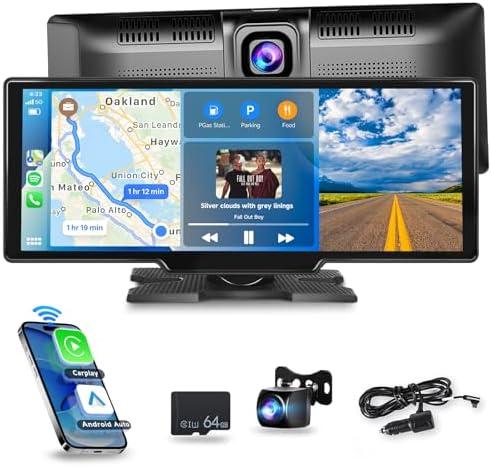 Wireless Carplay/Android Auto Portable Car Radio with 9.3" HD Touchscreen Dash Cam, Front/Rear View Camera Stereo Receiver Bluetooth FM Transmitter AUX TF Card