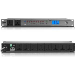 Rack Mount Power Conditioner 20A Sequencer for Audio Equipment, 10 Outlets 2000W Power Supply with 8 Independent Controls, Surge Protector, Voltage Display, External Switch