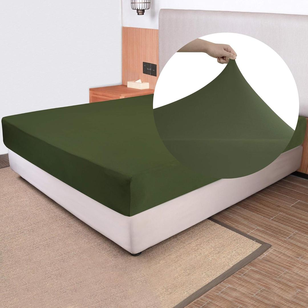 Soft Stretch Twin Fitted Sheet Only - Jersey Knit & Cozy T-Shirt Like, 4-Way Stretchy Snug Fit & Wrinkle Free, No More Slipping Mattress Sheets - Dark Olive Green, Twin