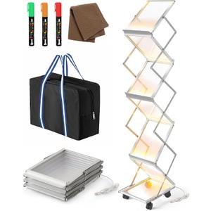 Foldable Magazine Rack with LED, Double Sided 6 Pocket Acrylic Literature Display Stand, Aluminum Pop-up Holder with Locking Wheels & Carrying Bag, Multipurpose for Exhibition, Office, Retail Store