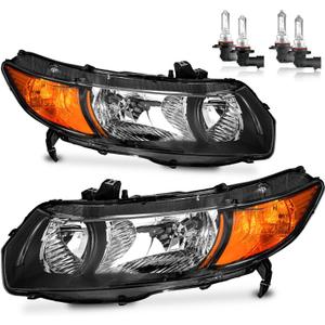 Headlights for 2006-2011 Honda Civic 2-Door Coupe | Halogen Headlamp Replacement with High Low Beam Bulbs, Black Housing, Driver & Passenger Side