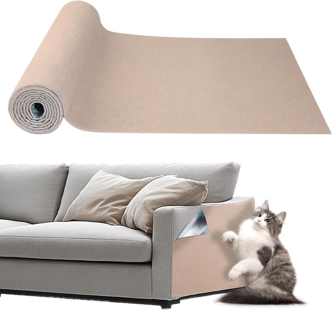 Cat Scratching Mat Self-Adhesive, 78.7'' x 15.8'', Trimmable Cat Scratch Pads Furniture Protector, DIY Climbing Cats Scratching Carpet for Couch, Door Frame or Wall Corner Protector (Khaki)