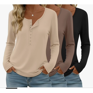 3 Pack Women's Long Sleeve Henley Shirts Button U Neck Tops Casual Layering Tee Blouse 2025 Fall Trendy T-Shirts, Count of 3, Size Medium