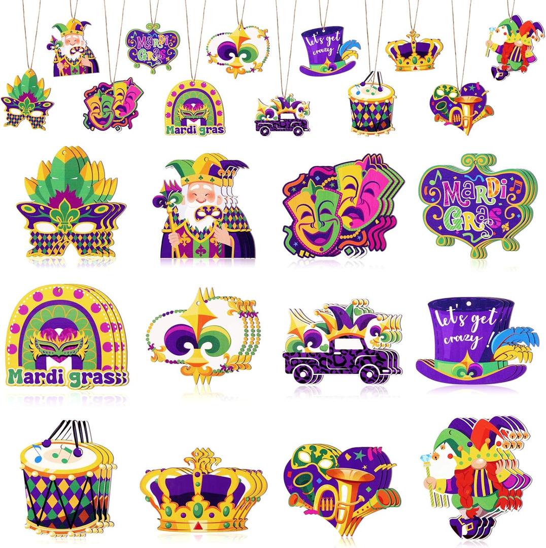 36pcs Mardi Gras Ornaments for Tree,Wooden Purple Yellow Green Hanging Decorations Car Crown Mask Gnome Decor Home Carnival Holiday Party Favors