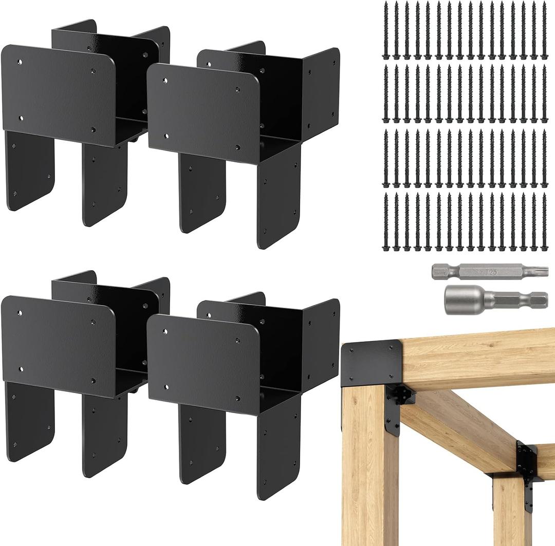 6x6 Stainless Steel Pergola Brackets, Heavy Duty Post Cap Tie Bracket 4Pcs | Actual 5.5", Corner Post to Beam Bracket for Gazebos, Decks and Porches.