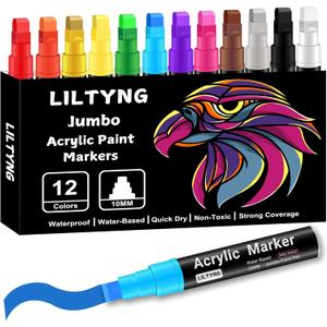 12 Colors Jumbo Markers, 10mm Jumbo Felt Tip, Acrylic Paint Pens Markers for Rock Painting, Poster, Stone, Ceramic, Glass, Wood, Canvas
