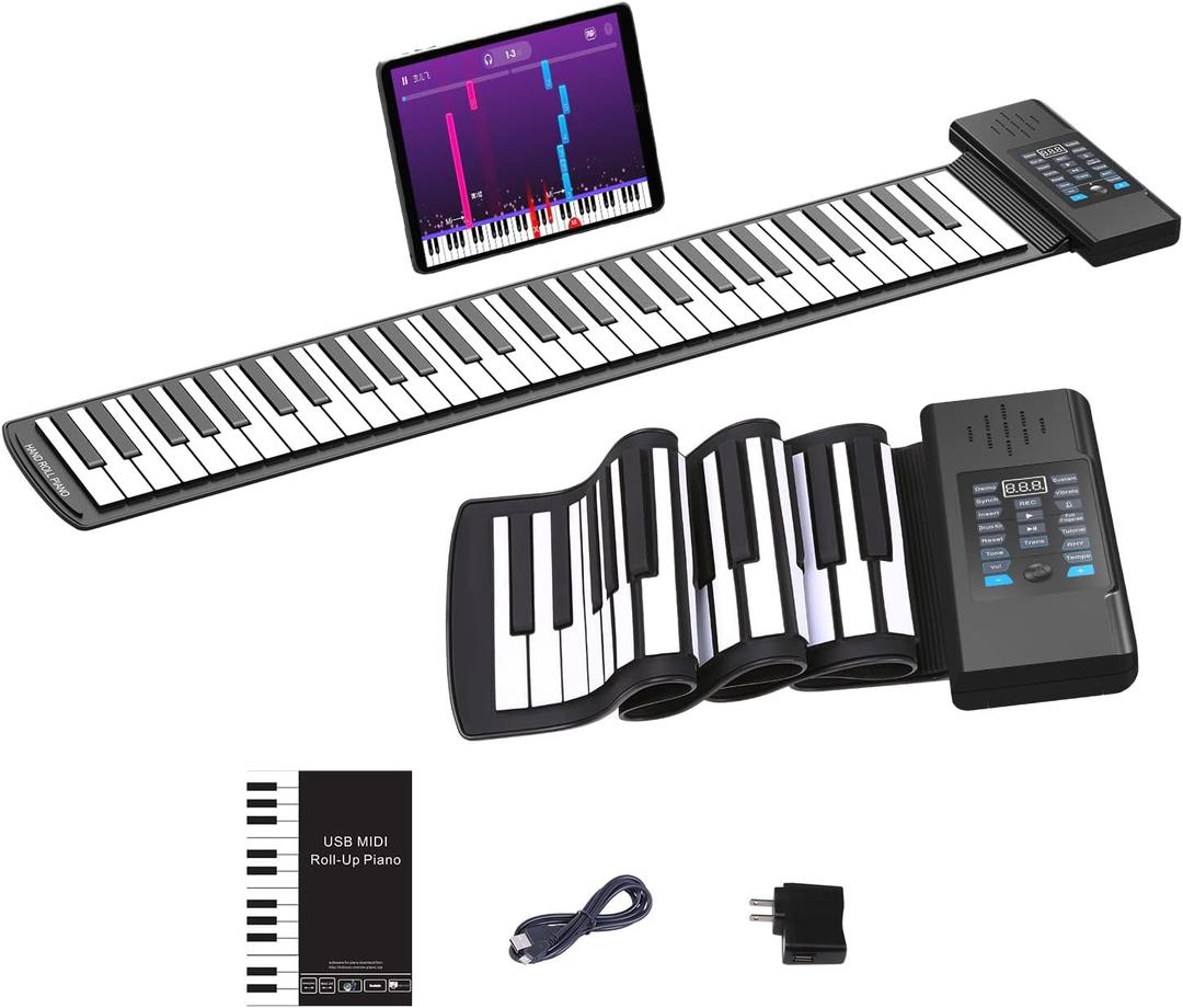 KONIX 61 Key Roll Up Piano, Upgraded Portable Rechargeable Hand Roll Piano with Silicon Flexible Keyboard, MIDI Output, Headphone Connection, 128 Rhythms, Best Gift for Beginners